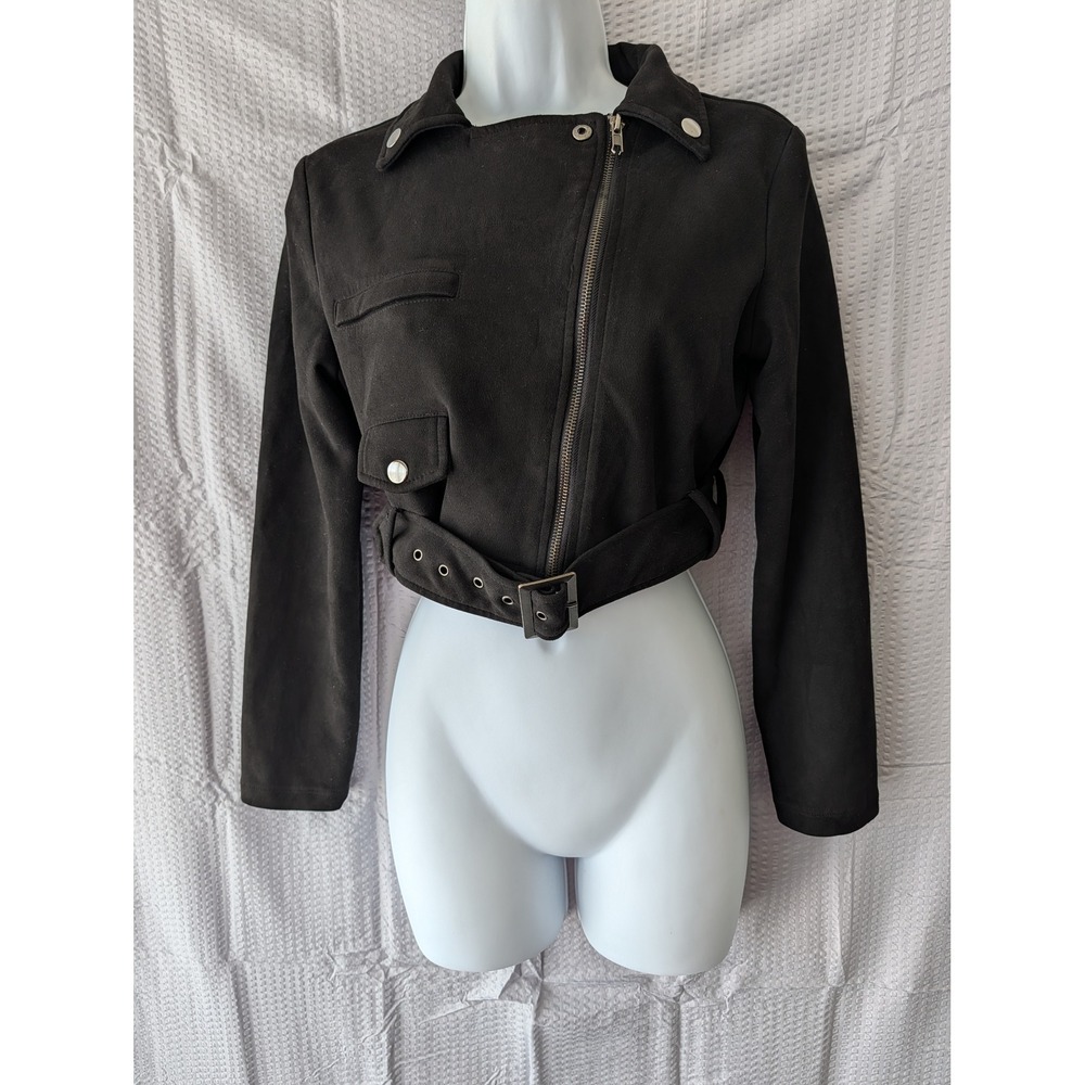 Love Tree Black Faux Suede Belted Cropped Moto Jacket Small